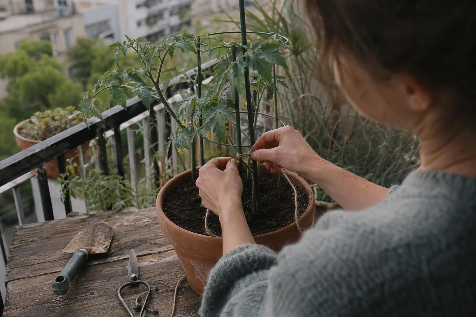 A compact cherry tomato grows in a large pot secured to a sturdy cage.