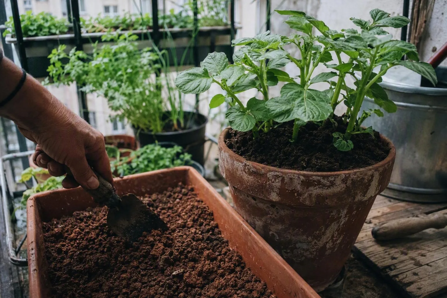 Loose carrot-growing mix sits beside a potato plant in a partly hilled grow bag.