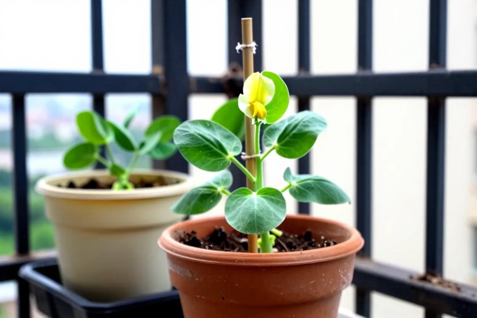 A compact bush bean plant carries flowers beside a balcony railing.