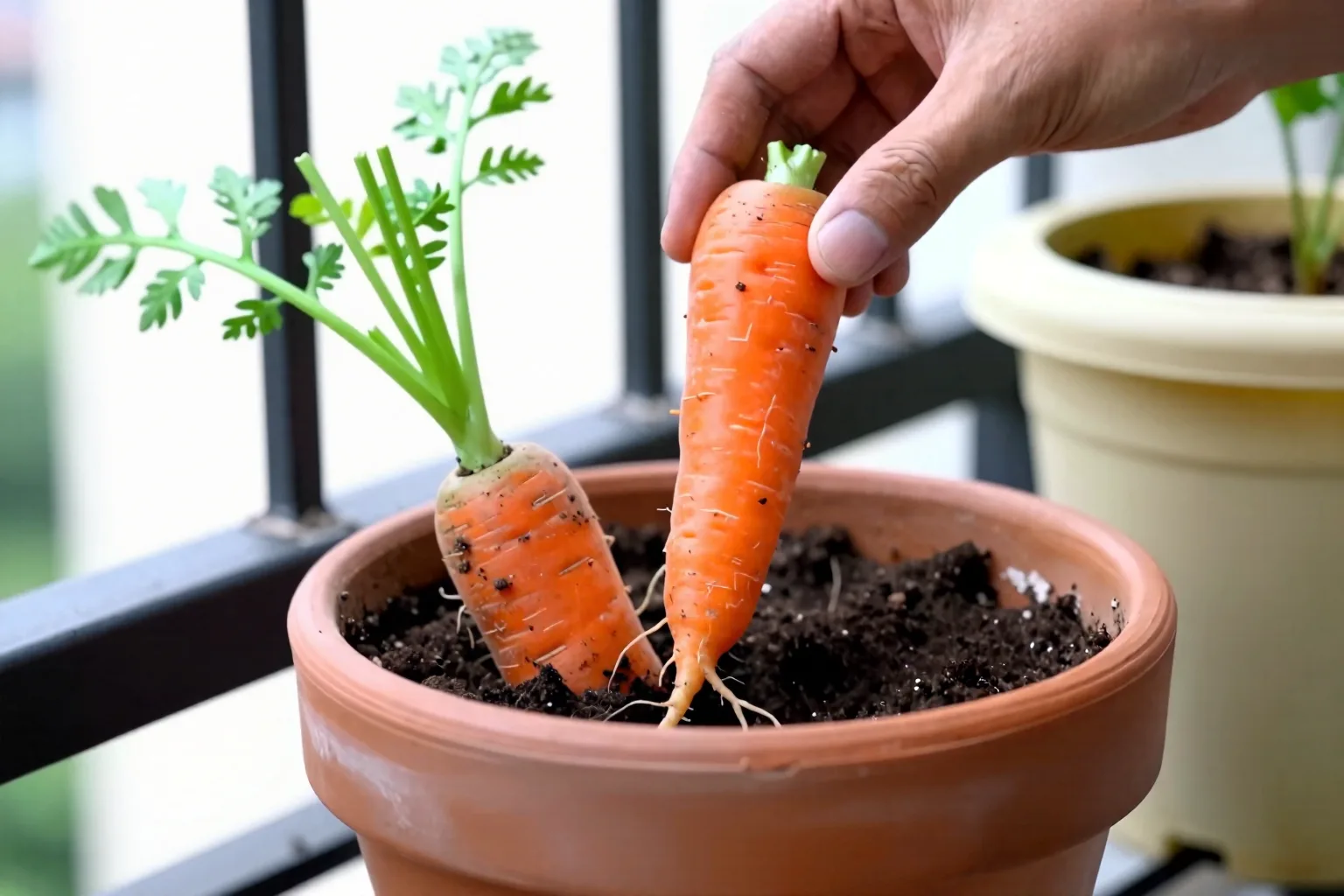 Short carrots emerge from loose potting mix in a deep container.