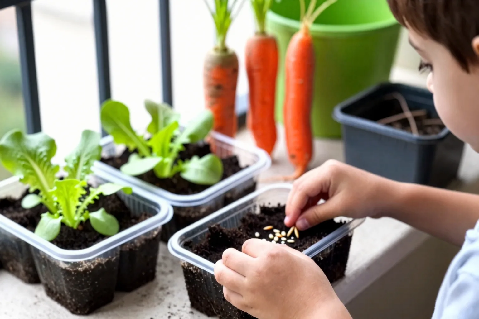 Hands sow a shallow tray beside deeper pots, showing how to grow vegetables in batches and suit different roots.