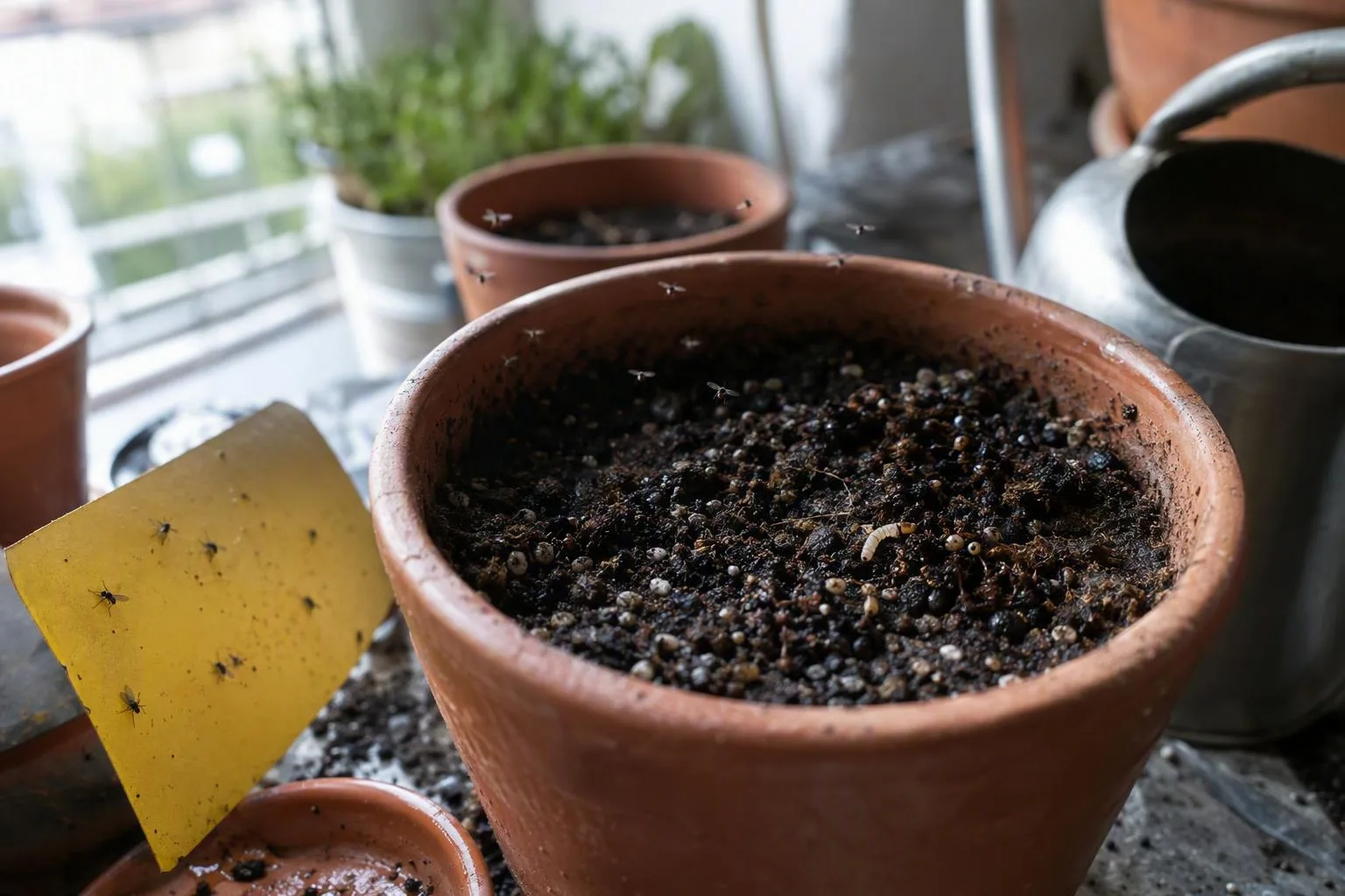 Tiny flies rise from wet potting soil while a pale larva rests near the surface, revealing the pest’s life cycle.