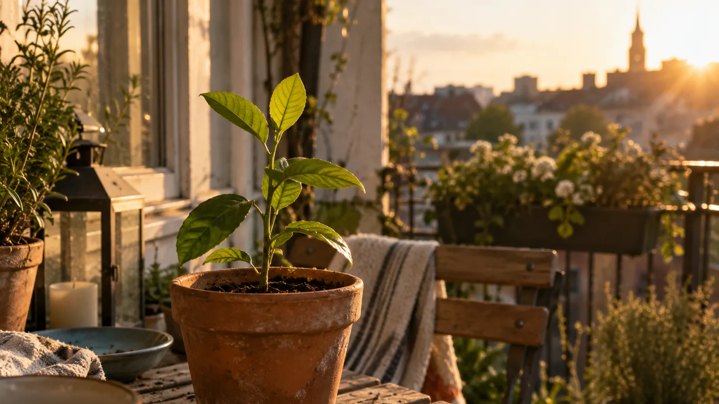 A young lemon seedling grows in a small terracotta pot beside a bright balcony window.