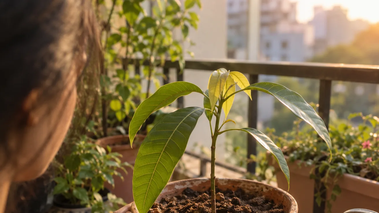 A gardener's hand shows the small size of a young mango seedling in a clay pot on a balcony.