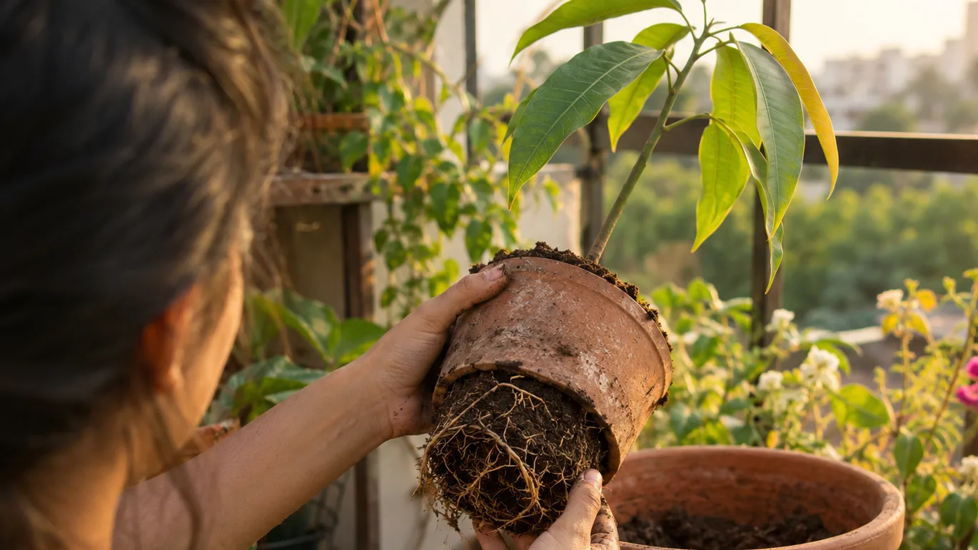 Fine roots emerging from the drainage holes show that the mango seedling may need a larger pot.