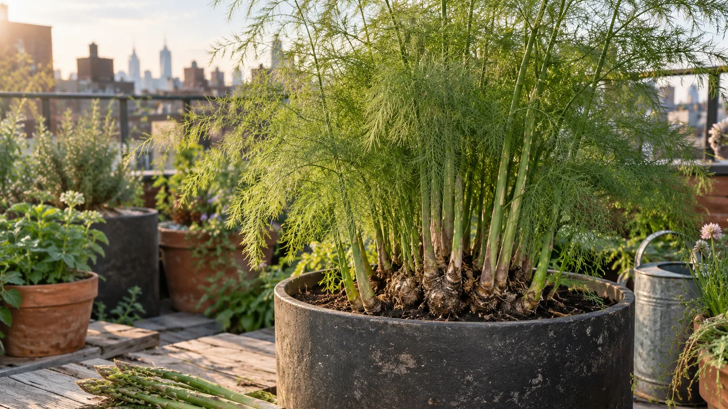 A mature asparagus plant fills a deep rooftop pot, with fresh spears gathered beside its feathery growth.