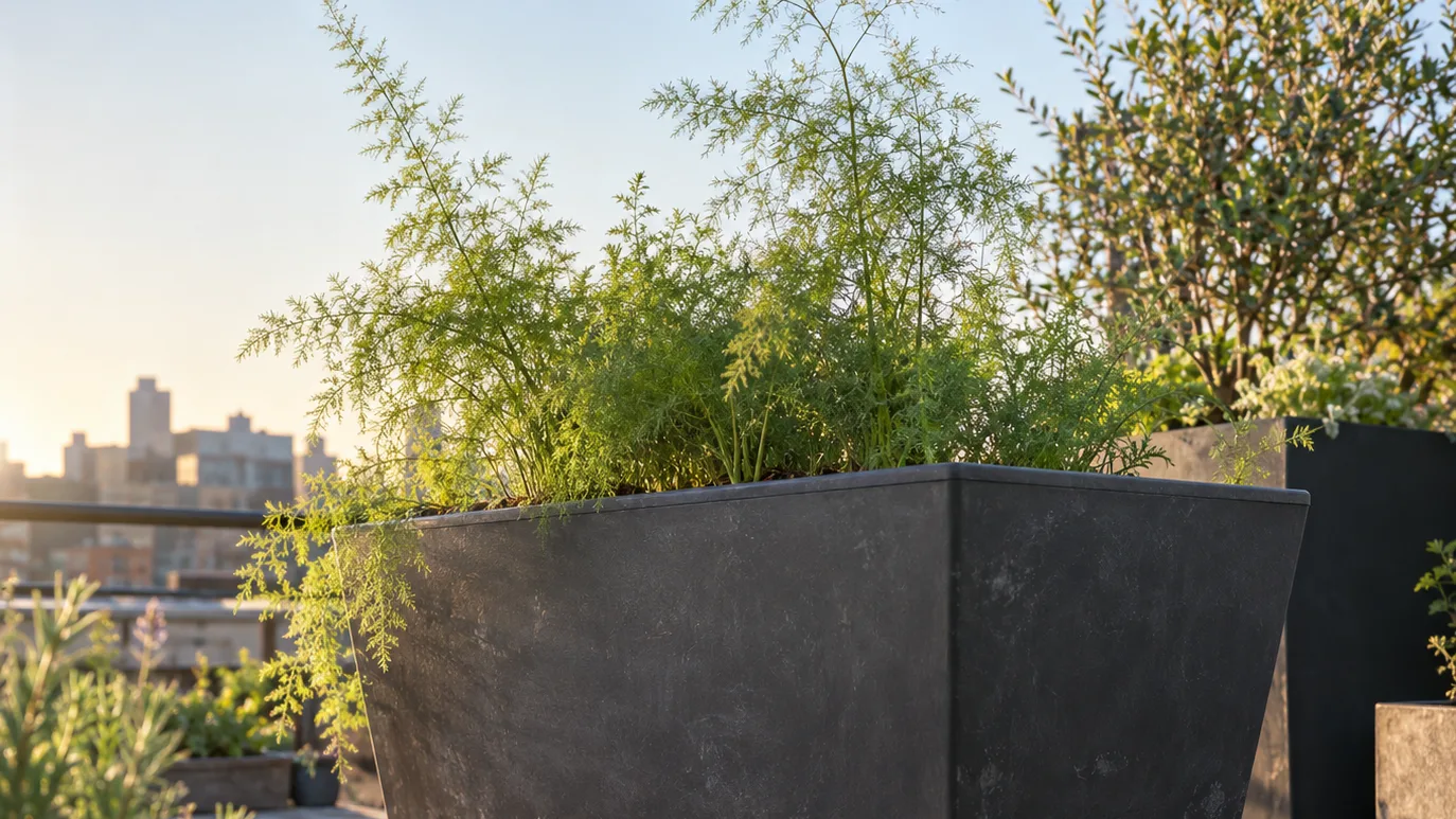 A deep tapered planter on wooden risers shows its drainage holes beside rooftop asparagus greenery.