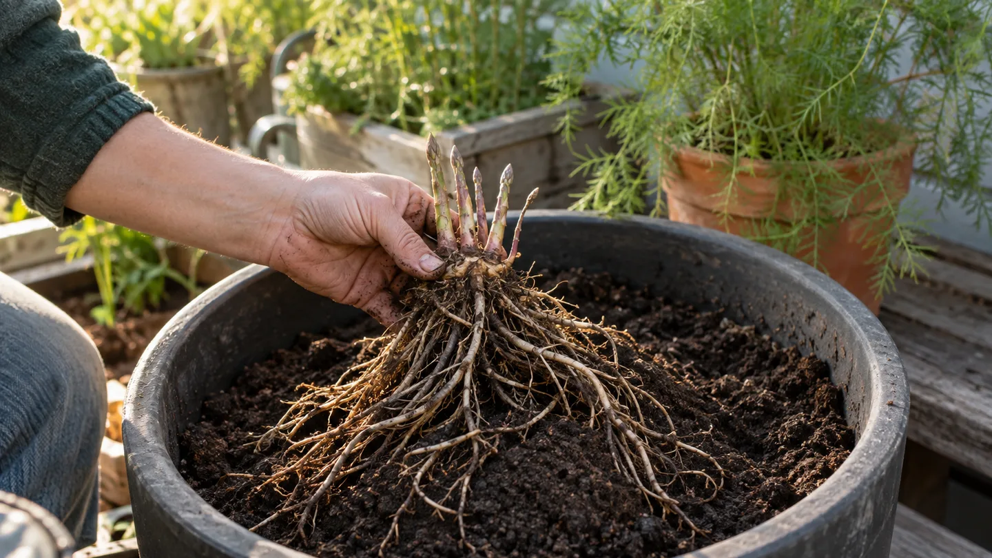 A hand holds an asparagus crown above a soil mound, with its roots spread through a deep rooftop planter.