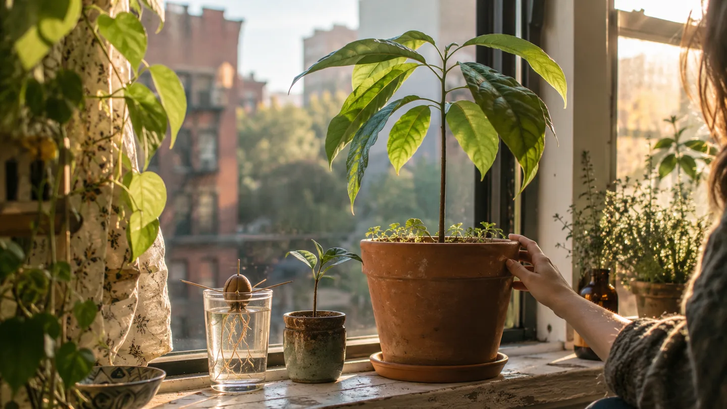 A tiny avocado seedling sits beside a larger potted sapling, showing how a seed-grown start may need room to grow.