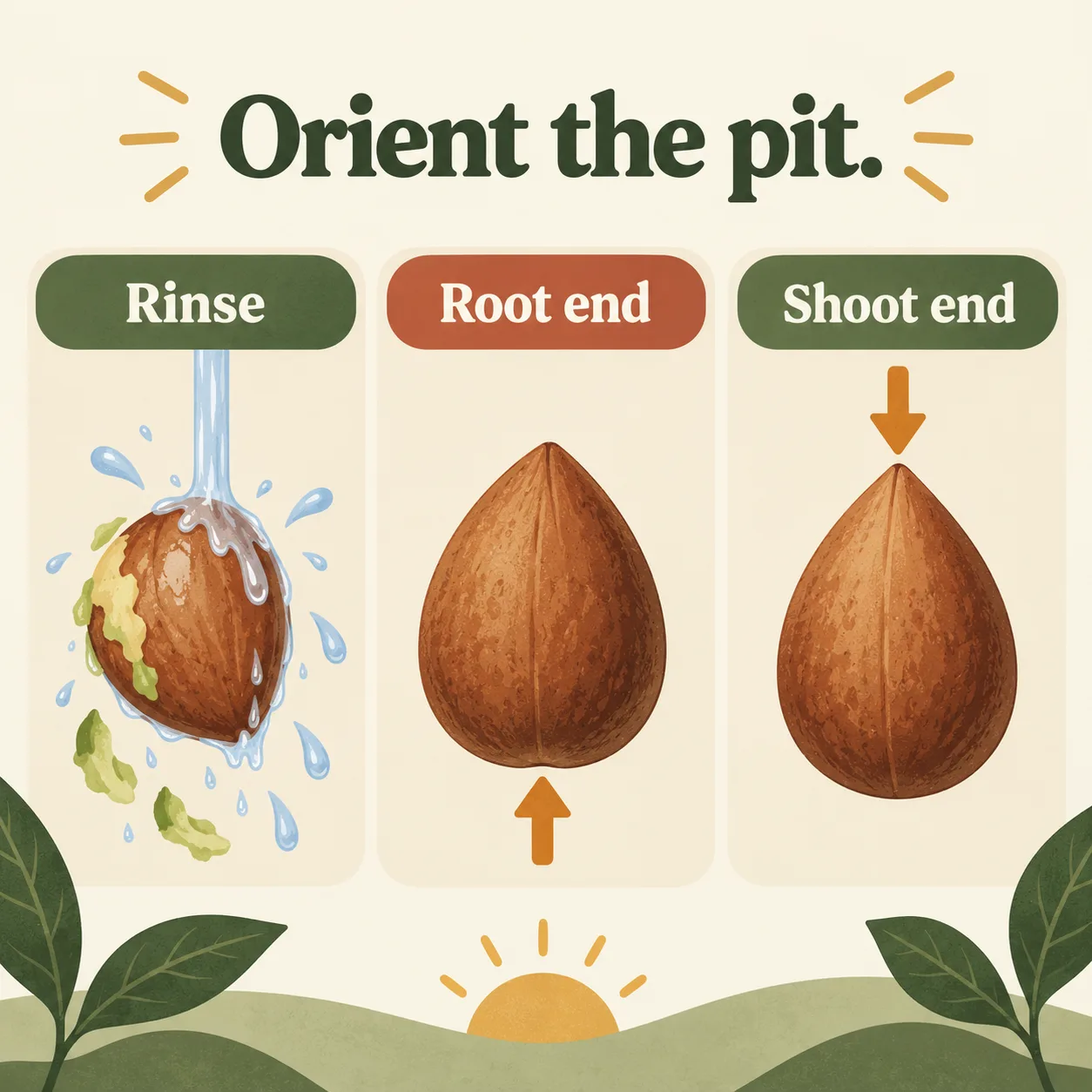 Three steps show rinsing an avocado pit and identifying its root end and shoot end.