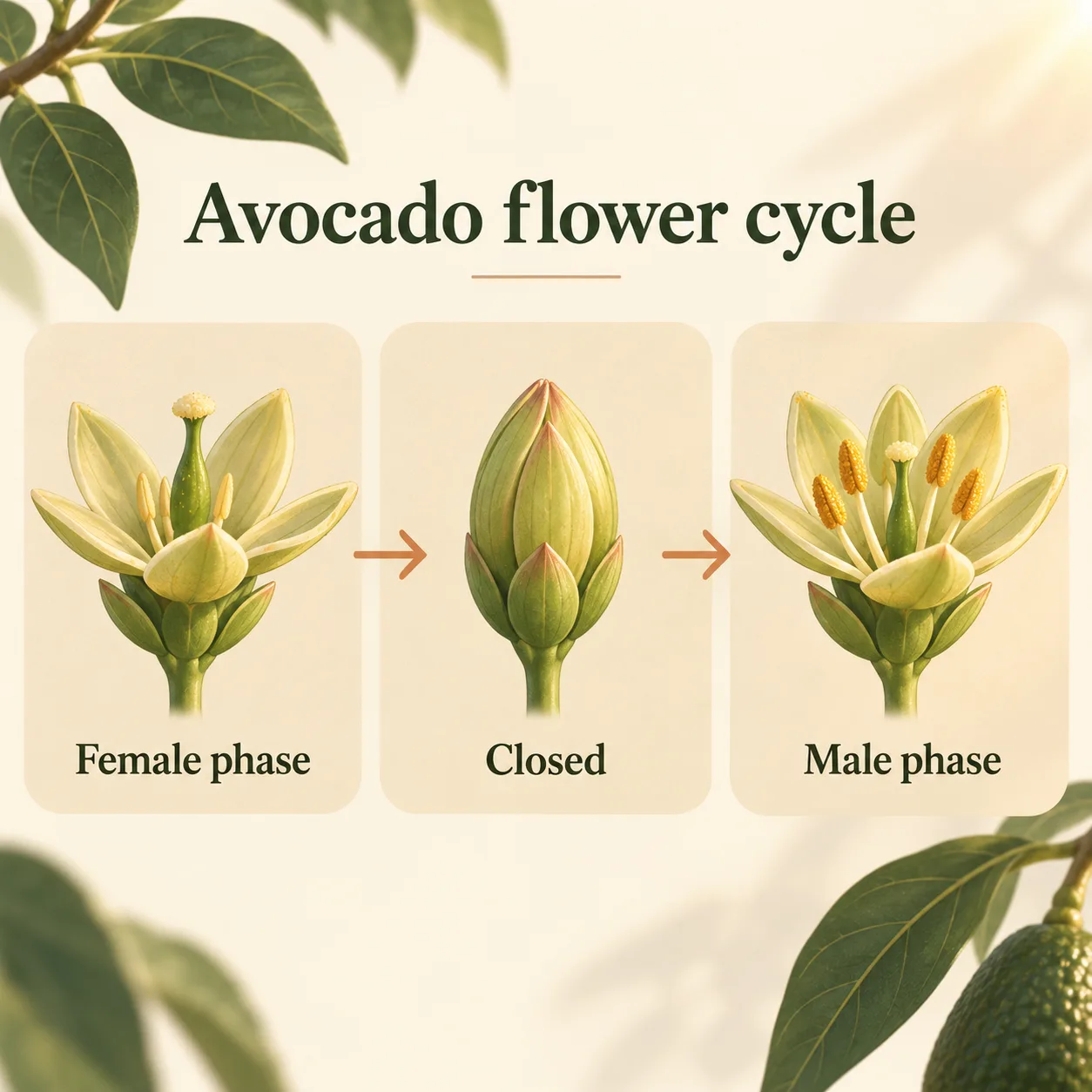 Three avocado flower stages show the female phase, closing, then reopening in the male phase.