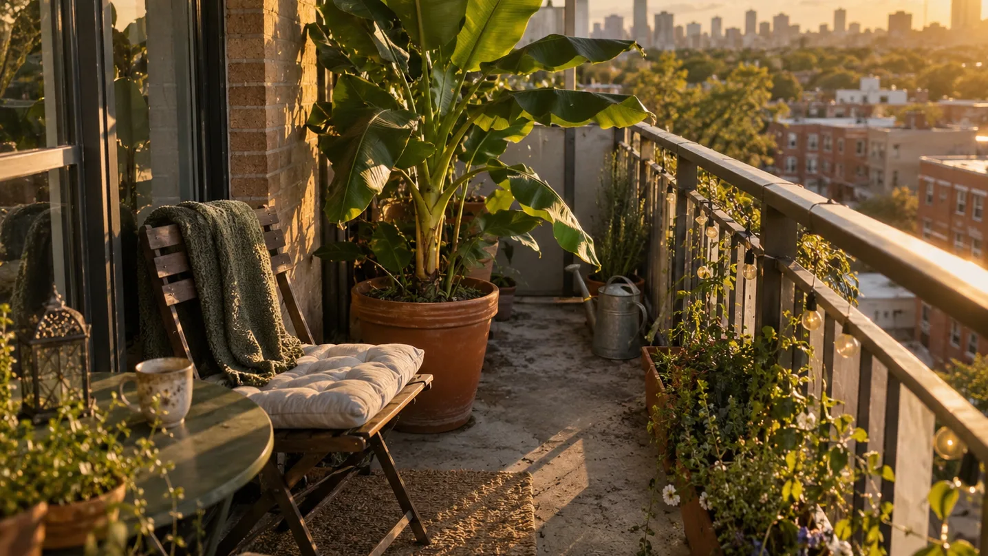 A potted compact banana fills part of a sunny apartment balcony beside a chair and railing.