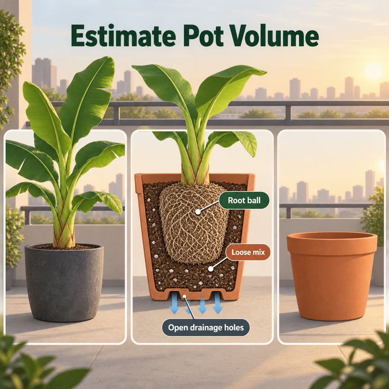 A banana plant’s roots, surrounding soil, and clear base openings show how to judge a pot’s capacity.