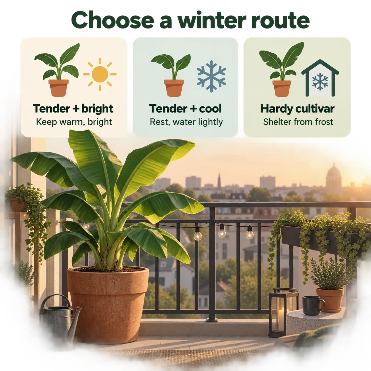Three winter-care routes show how a banana cultivar and available indoor conditions guide seasonal care.