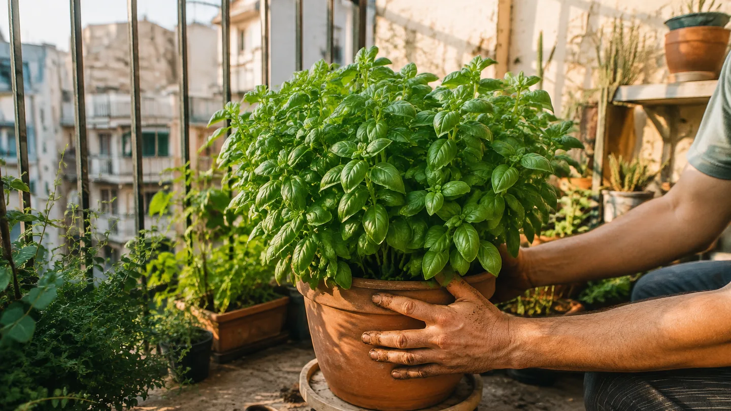 A bushy basil plant with many fresh side shoots grows in a movable pot on a small apartment balcony.