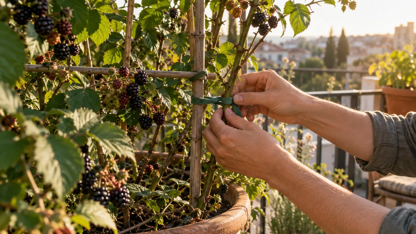A blackberry cane is tied to a sturdy support above its large balcony container.