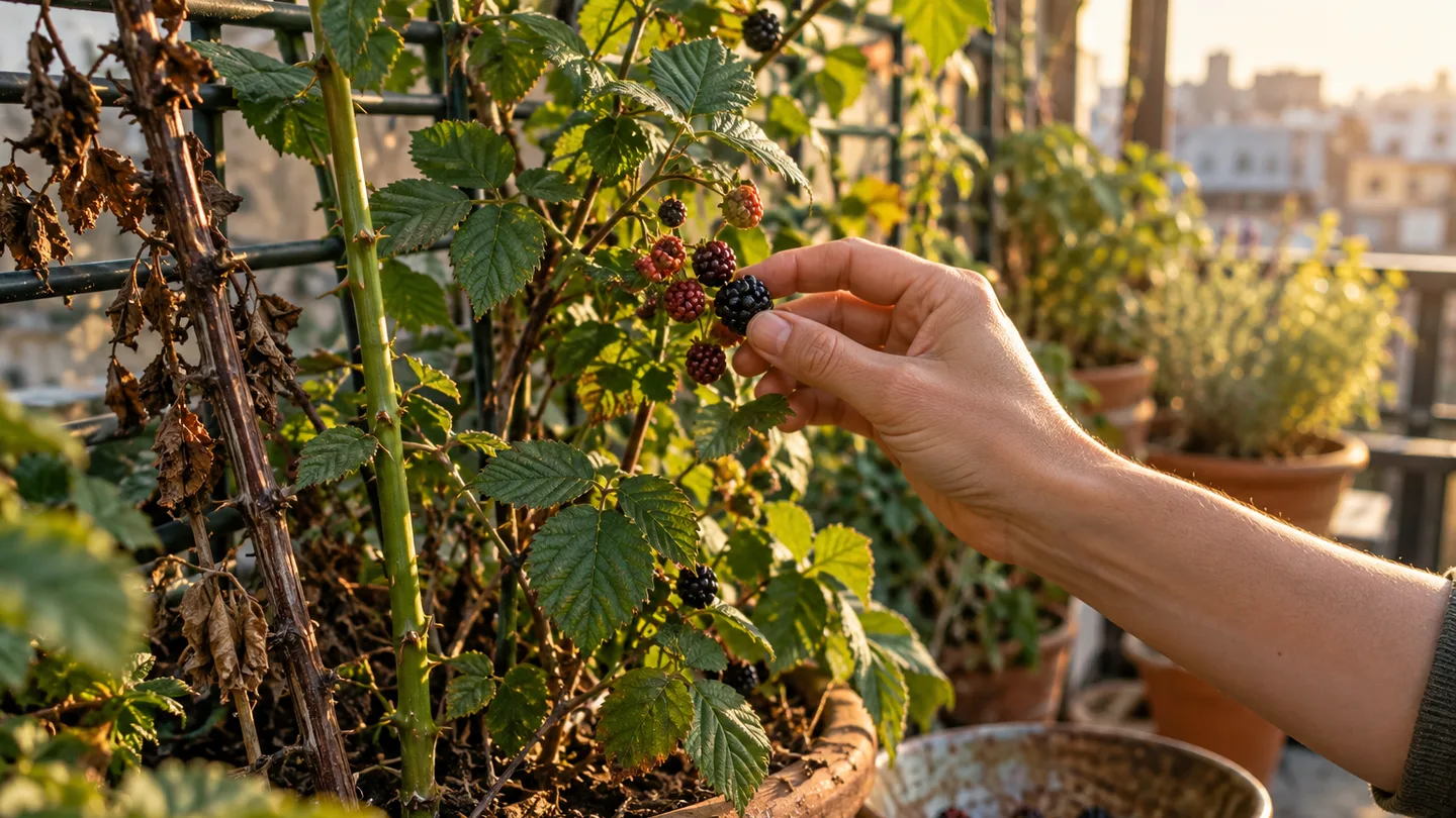 A hand picks a ripe blackberry beside fresh green and spent woody canes.