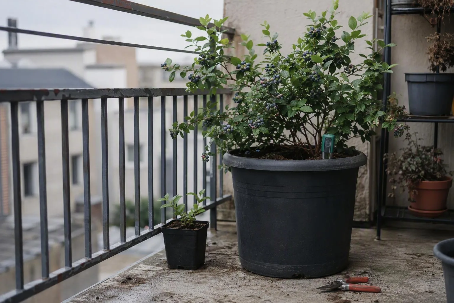 Blueberry shrub with ripe berries growing in a large container on a balcony