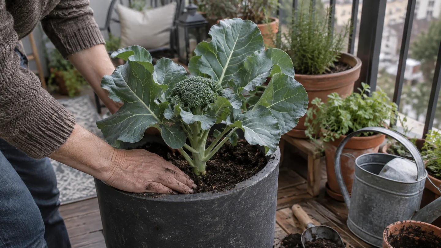 A single broccoli plant grows in a deep balcony pot, showing the generous soil space it needs.