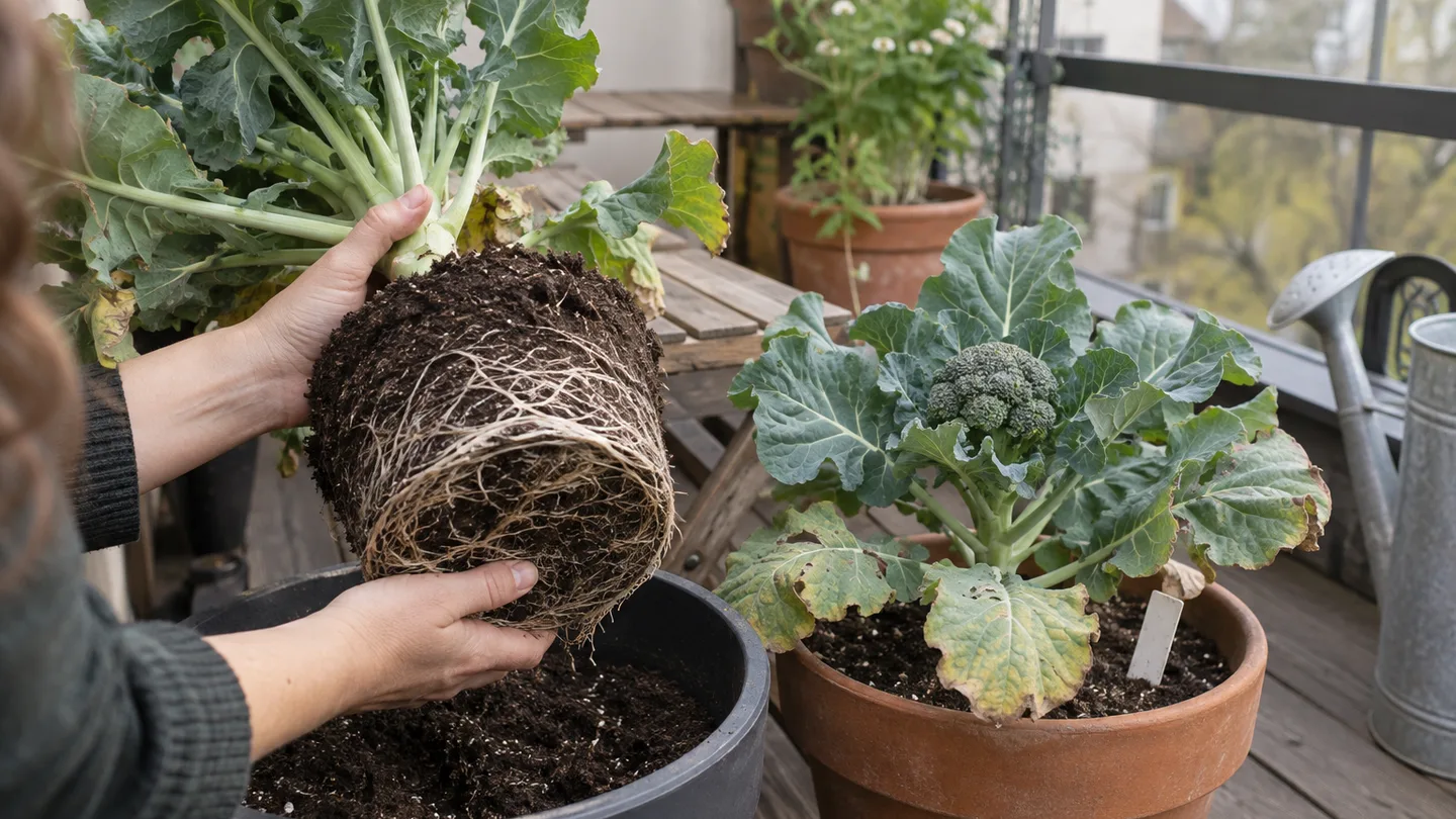 A gardener examines cramped broccoli roots beside a plant with a small stalled head.