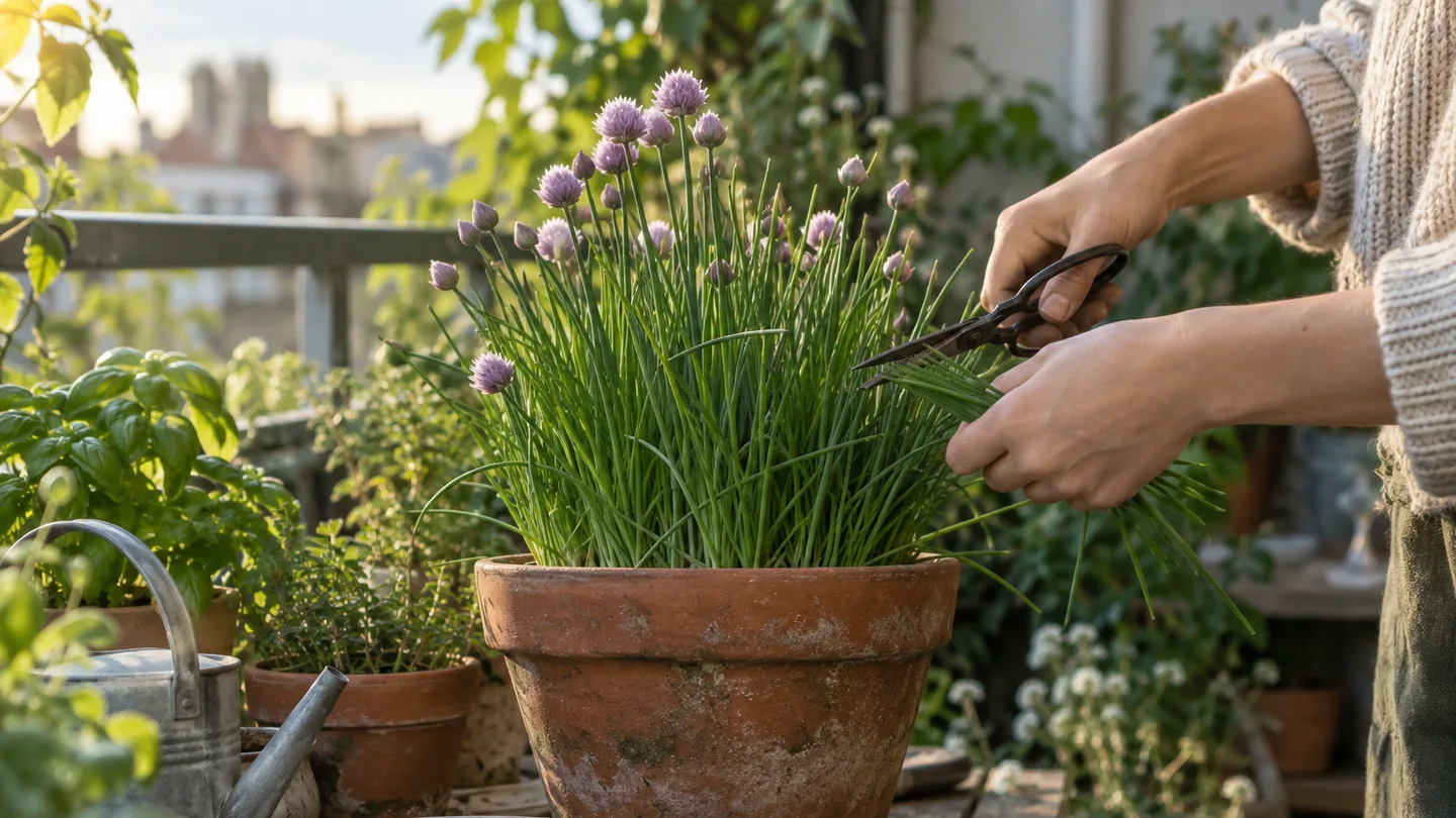 A hand snips fresh chives from a thriving pot on a small balcony, ready for another harvest.