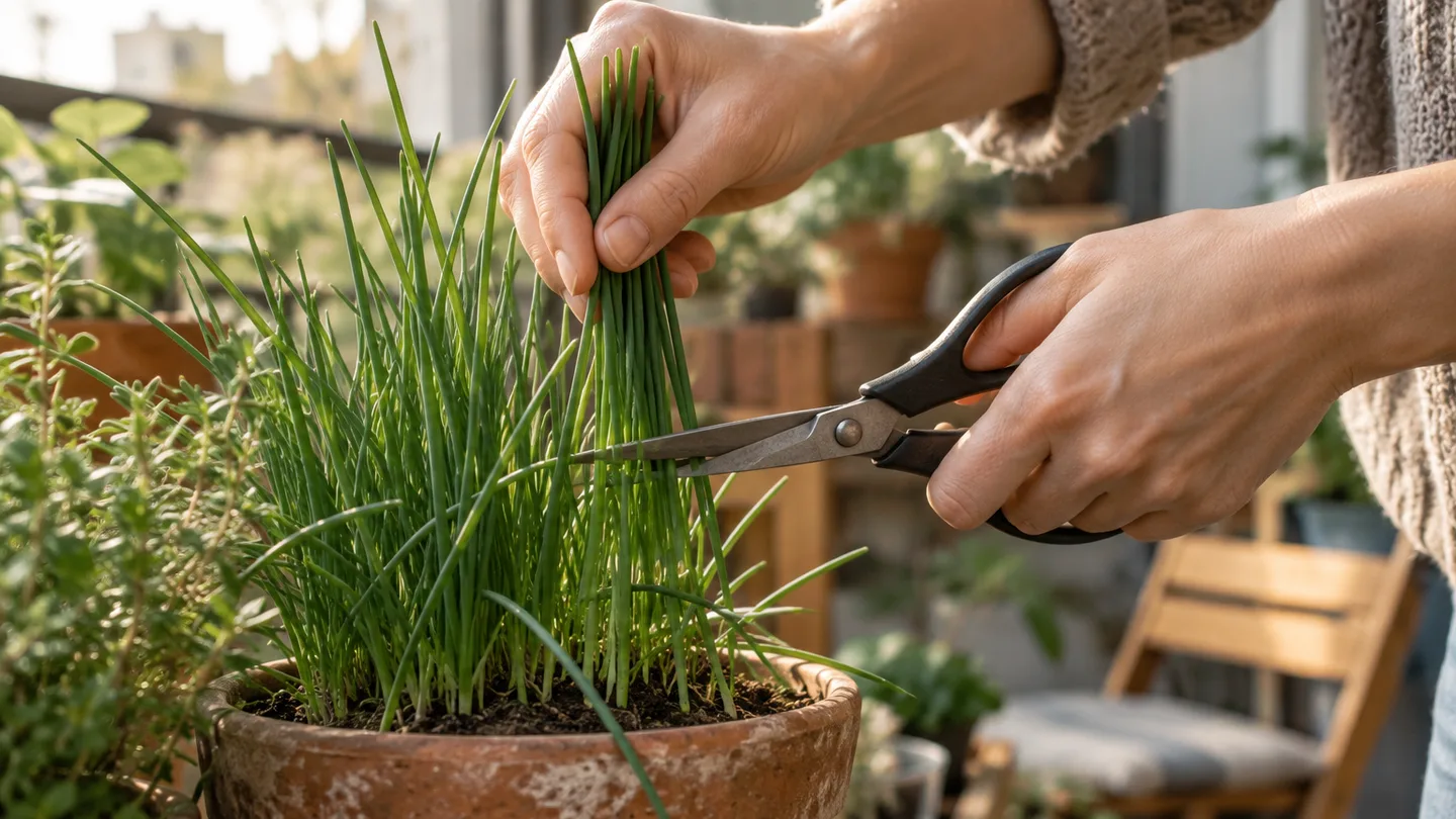 A hand snips chive leaves above the base, leaving the potted plant intact for future harvests.