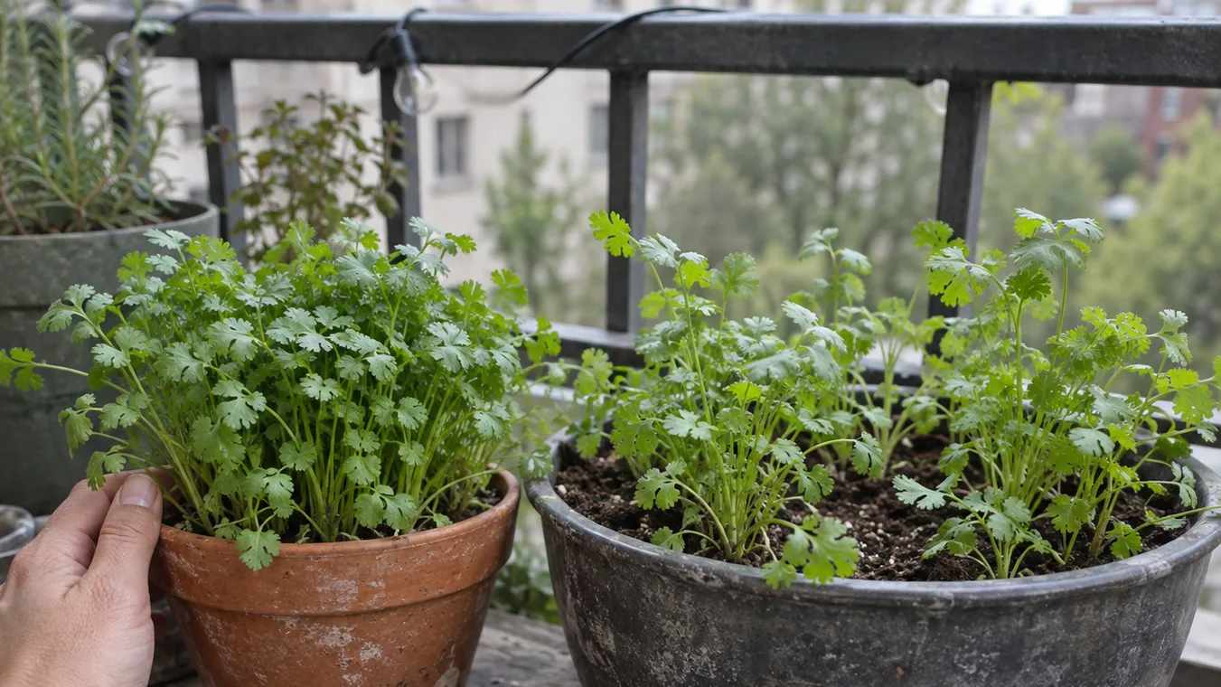 Two cilantro pots show the cramped 20-centimeter minimum beside a roomier container.