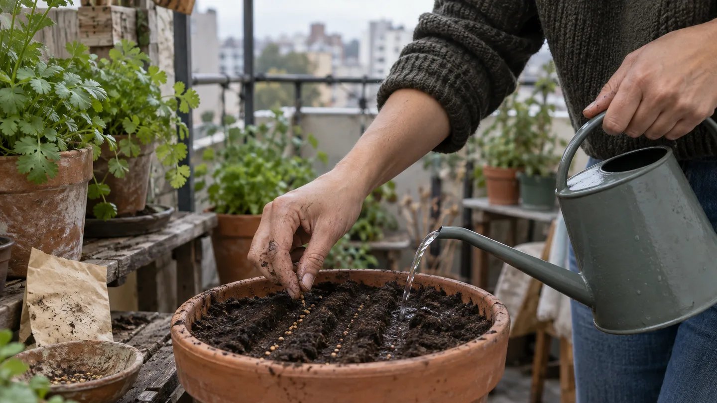 A hand places cilantro seeds in shallow soil as water is gently added to the balcony pot.