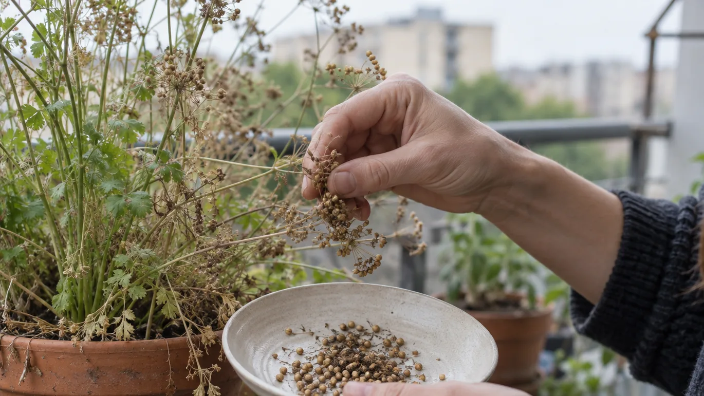 A hand gathers dry coriander seed heads from a flowering potted plant to save for a future crop.