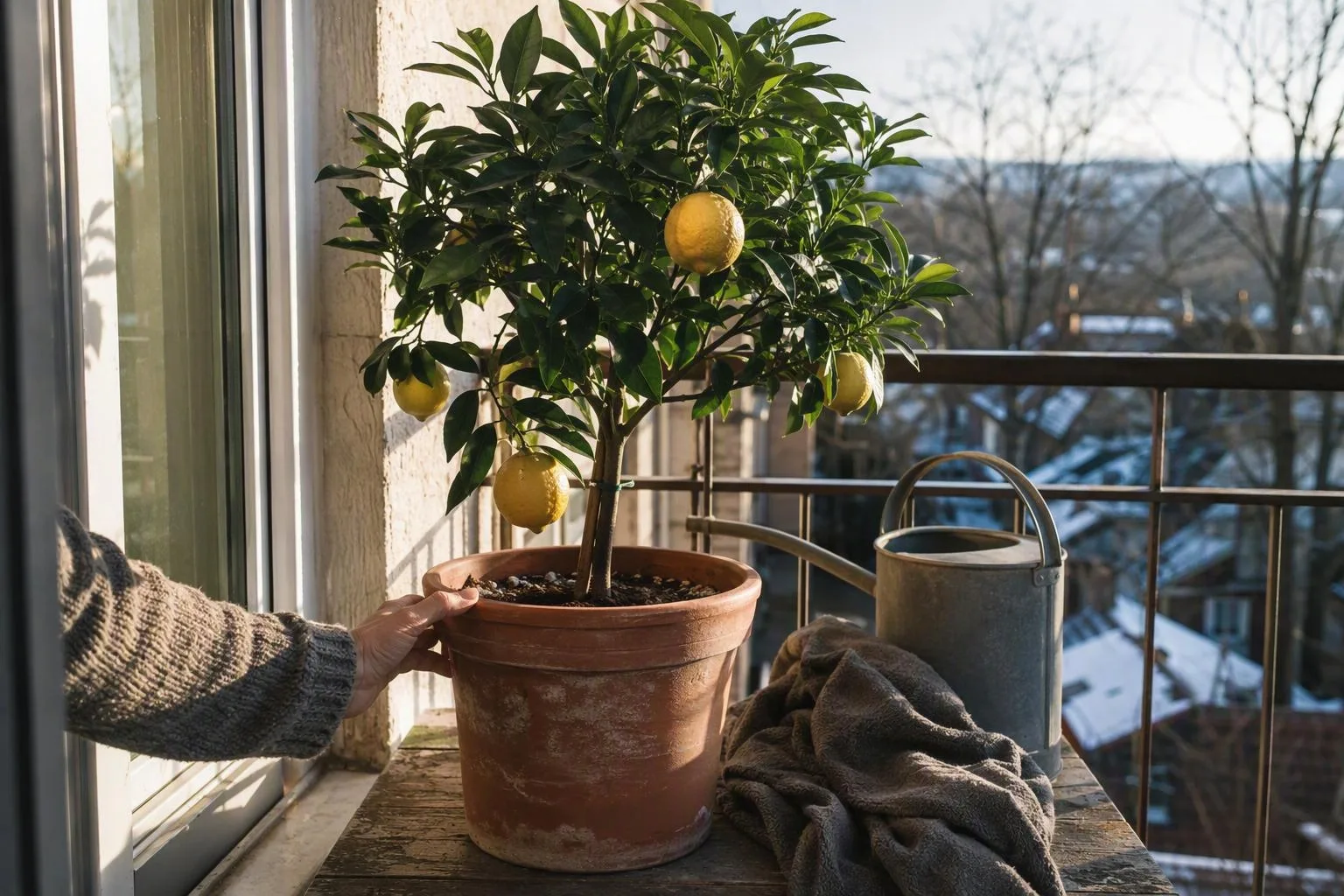 A compact citrus tree sits in a terracotta pot beside a bright winter window, ready for careful indoor care.