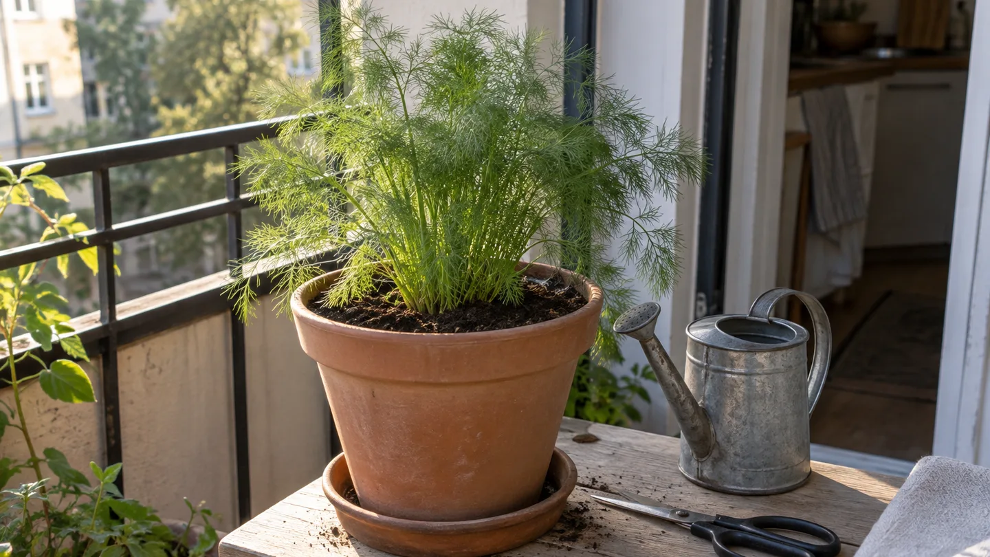 A healthy dill plant in a roomy terracotta pot sits with watering tools on a small balcony, showing a practical container.
