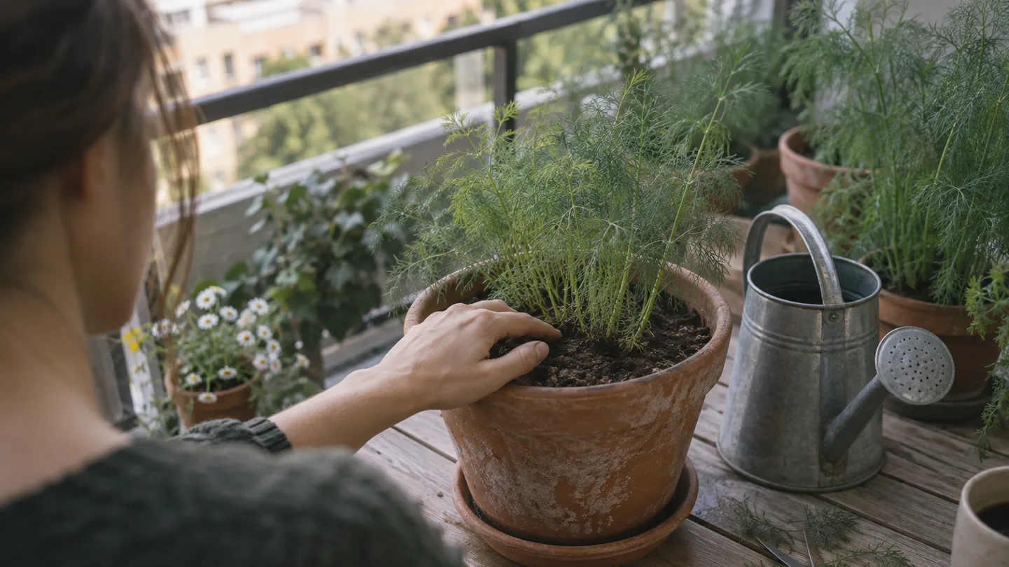 A hand checks the soil in a dill pot while a watering can waits nearby.