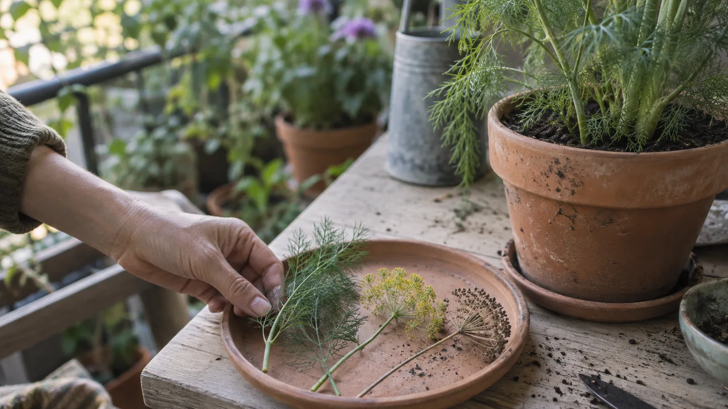 Fresh dill leaves, open flower heads, and dry seed clusters show three harvest stages beside a balcony pot.