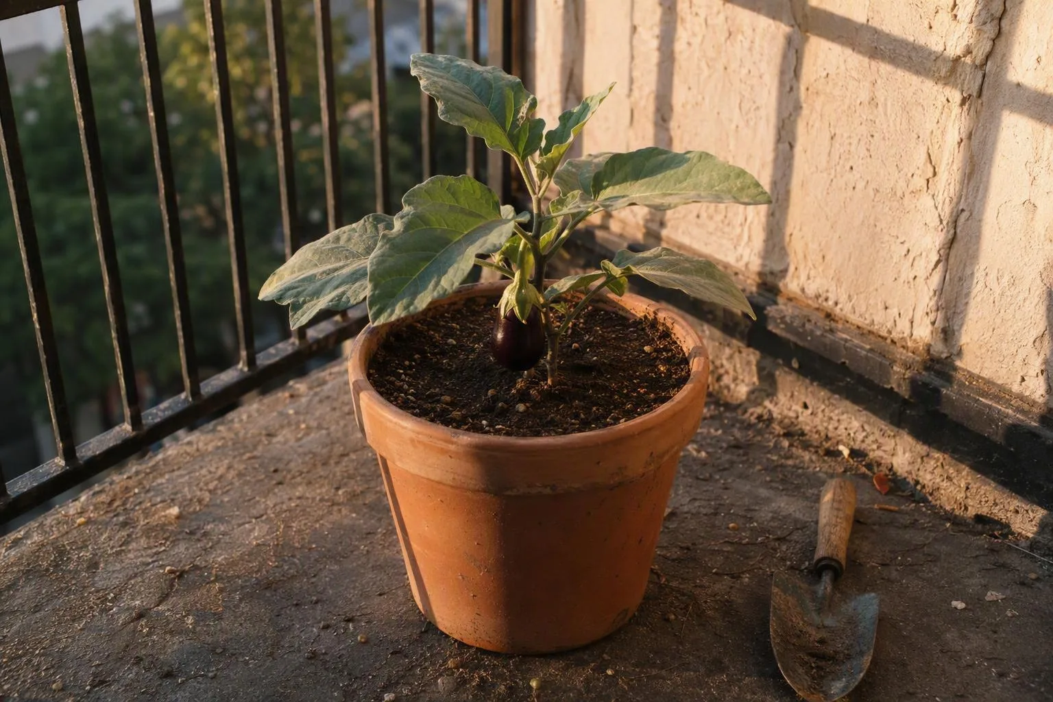 A lone eggplant plant fills a practical pot on a sunny apartment balcony.