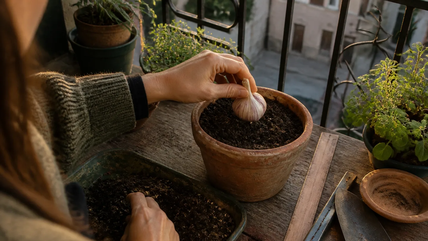 A hand holds garlic cloves beside an eight-inch pot and loose mix, showing a practical container size for planting.