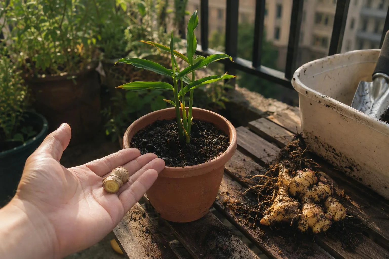 A compact ginger plant grows in a balcony pot beside a lifted rhizome, showing its manageable size.
