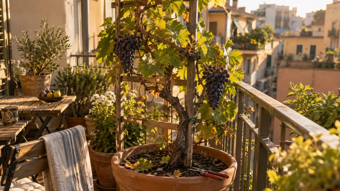 A fruiting grapevine climbs a trellis from a large balcony pot, showing the space and support needed to grow grapes.