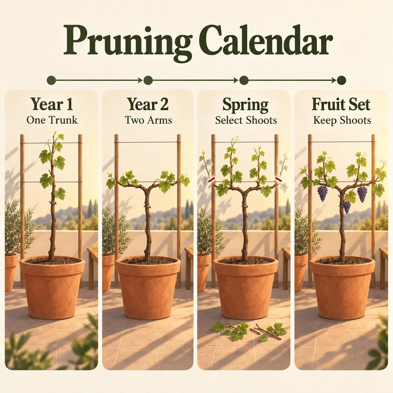 Four panels show a potted grapevine growing from one trunk to fruiting shoots at fruit set.