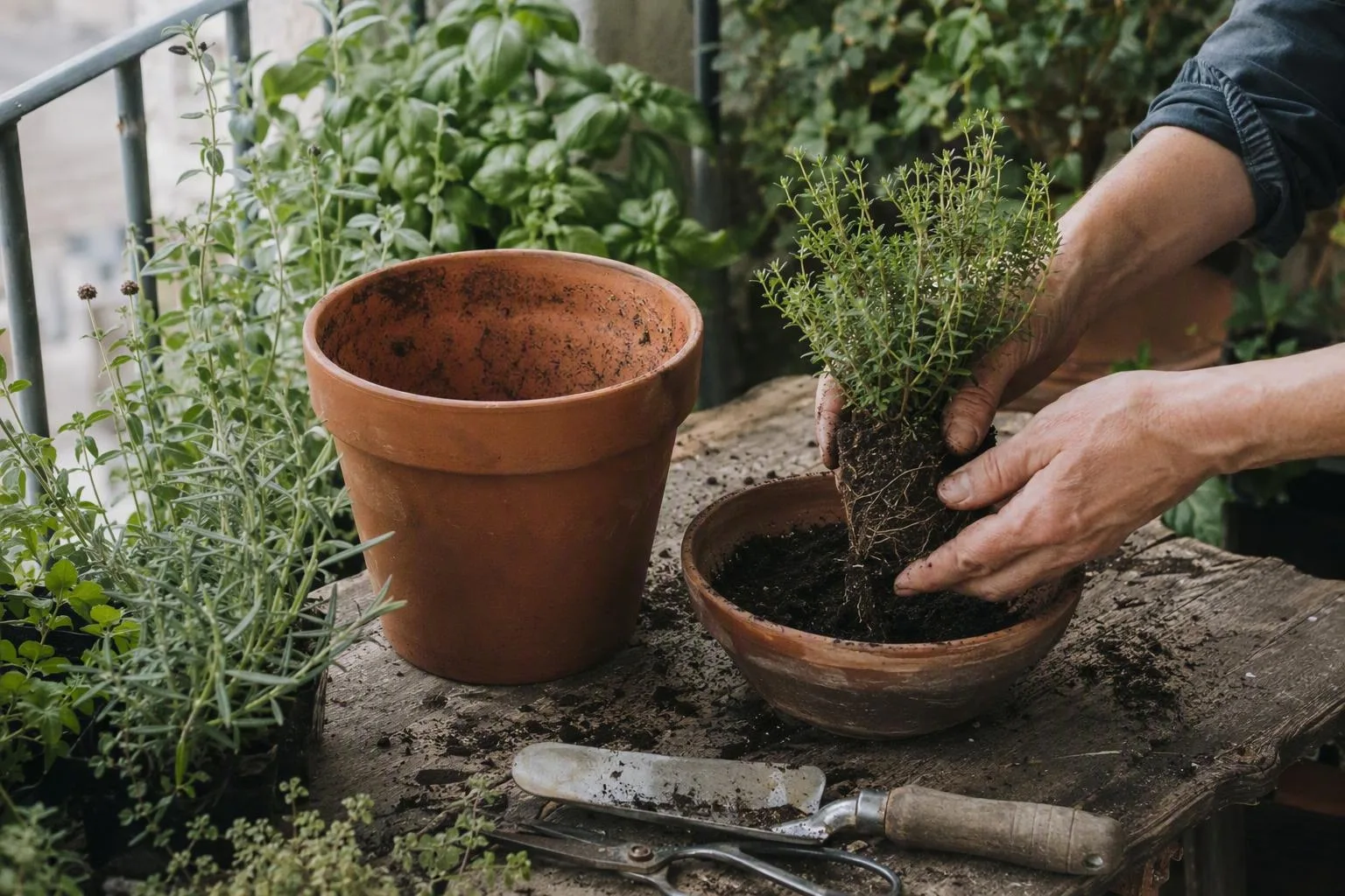 A gardener compares a shallow pot with a deeper one beside a lifted herb root ball, revealing different root space.