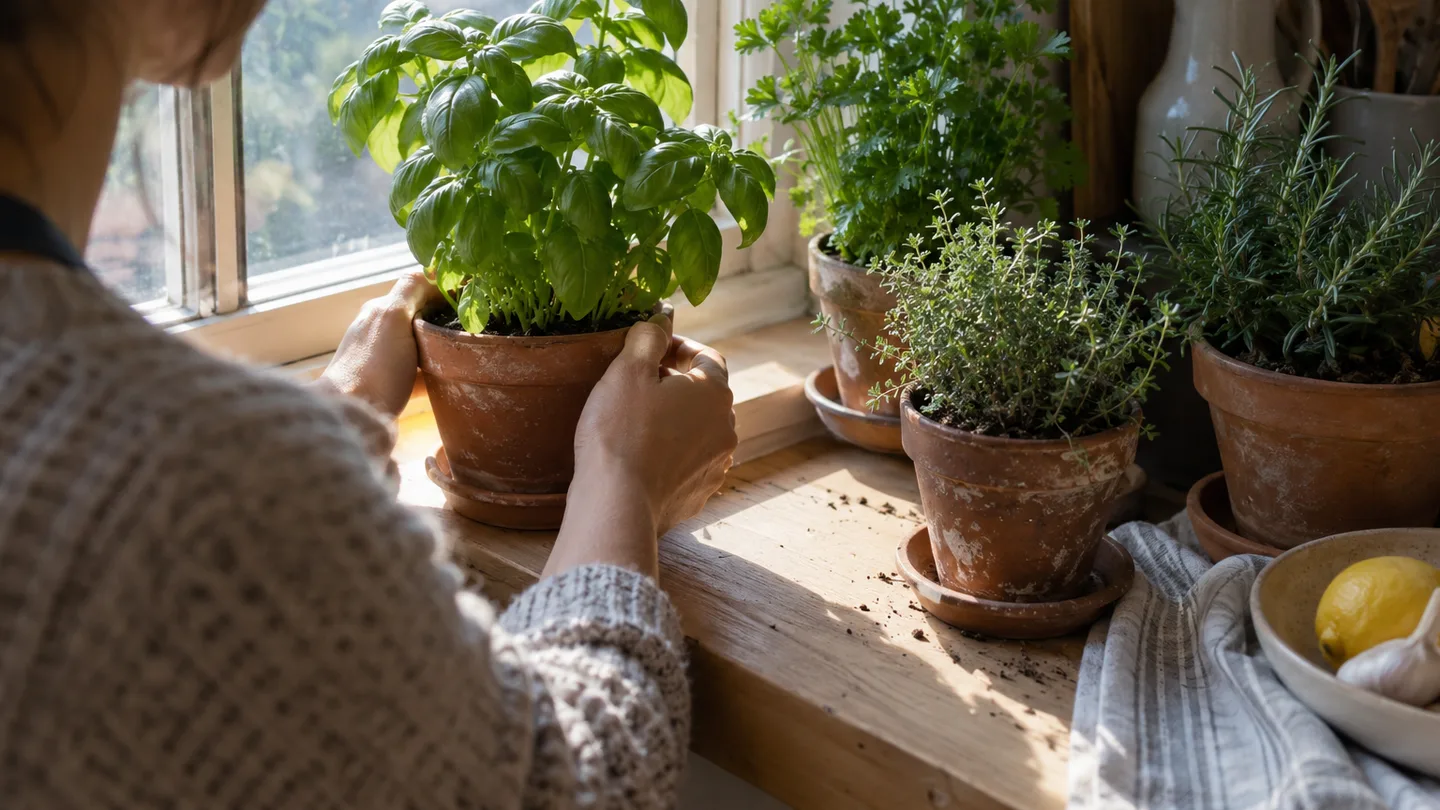 A hand turns a basil pot among kitchen herbs on a bright apartment windowsill.