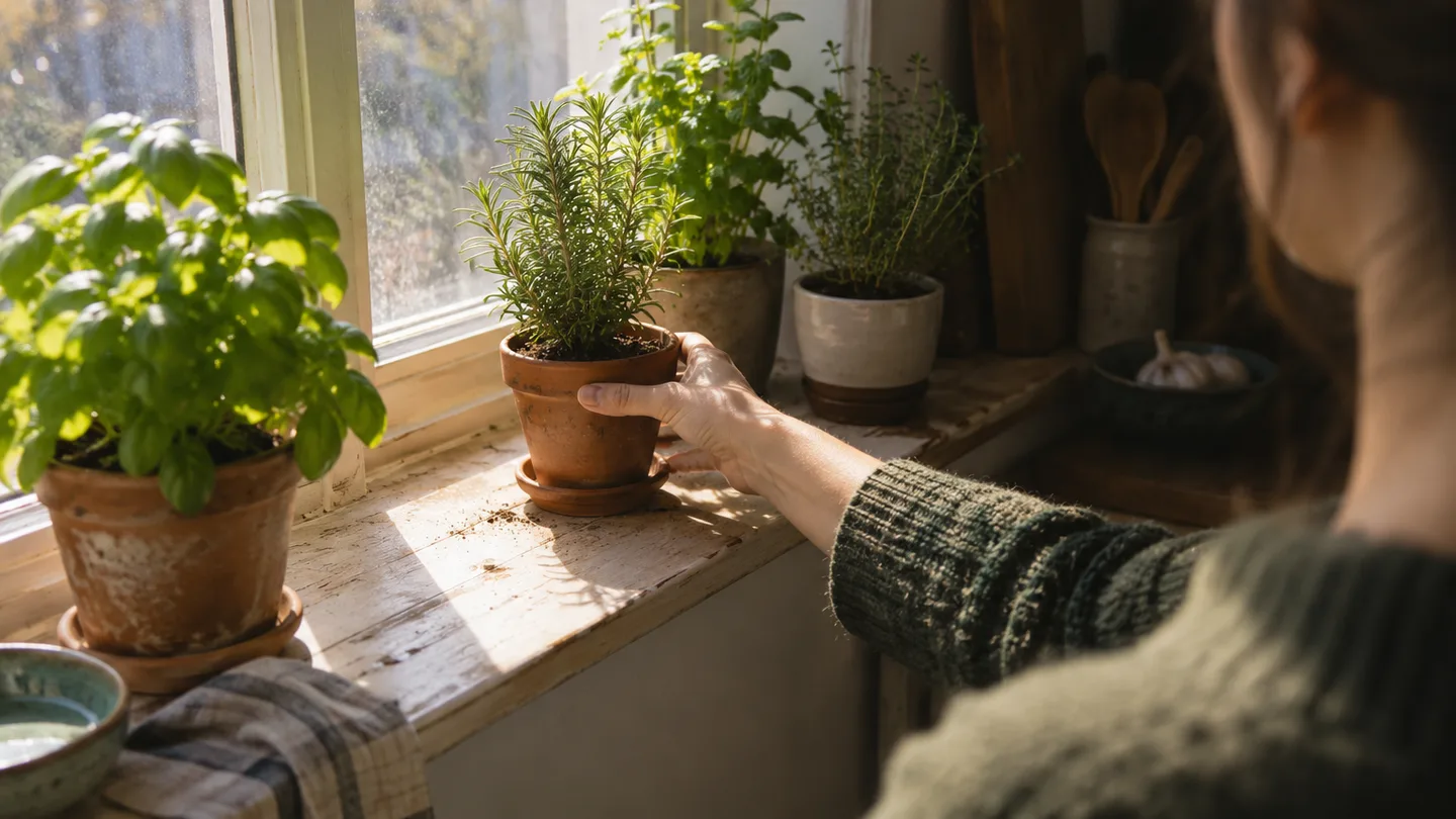 A hand moves a potted herb into a bright patch on a windowsill to find a suitable place for it.
