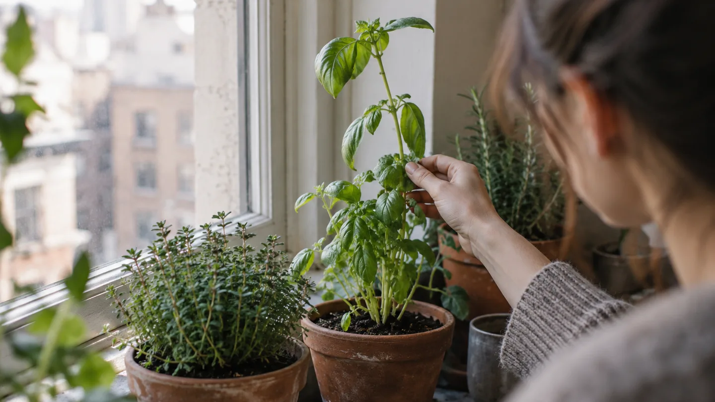 Compact thyme grows beside basil leaning toward the window, showing how herbs respond differently to indoor light.