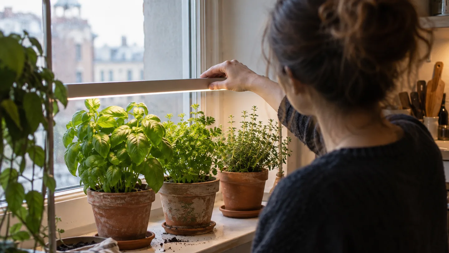 A grow-light bar spans several potted herbs on a windowsill as a hand adjusts its position.