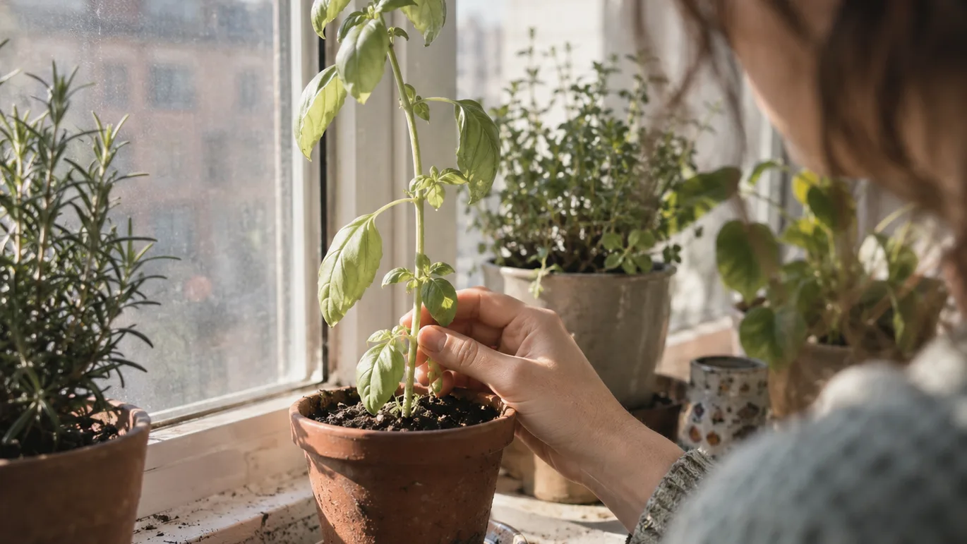 A pale basil plant has long gaps between leaves and a weak stem leaning toward the window.