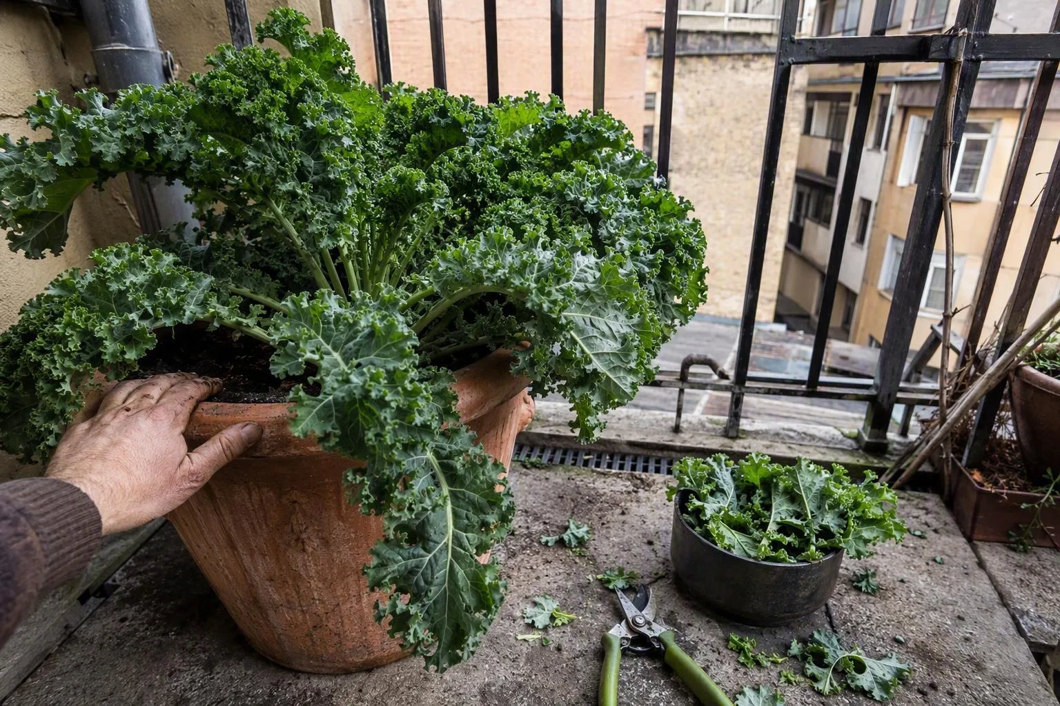 A mature kale plant in a large pot stands beside a small harvest container, showing the space needed for a full harvest.