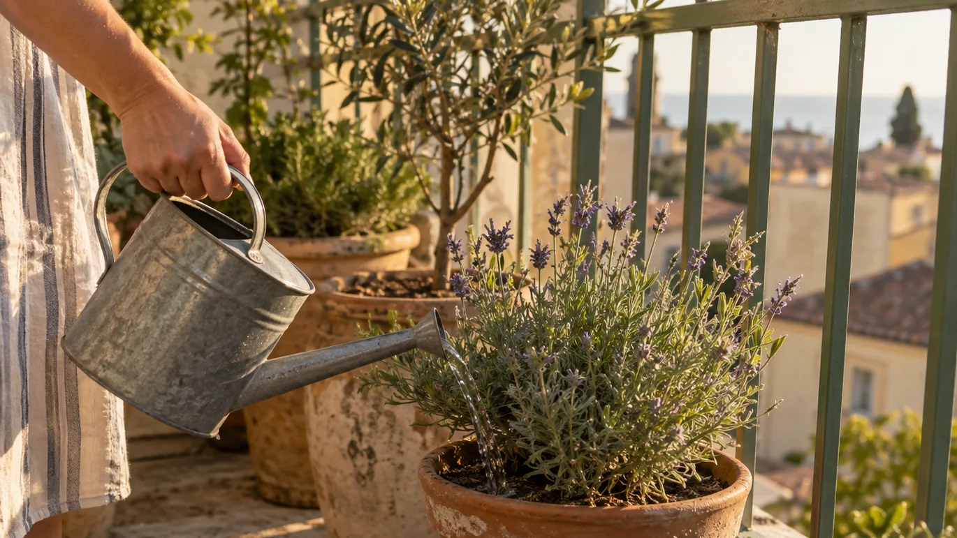 Compact English lavender sits in a practical terracotta pot on a sunny balcony.