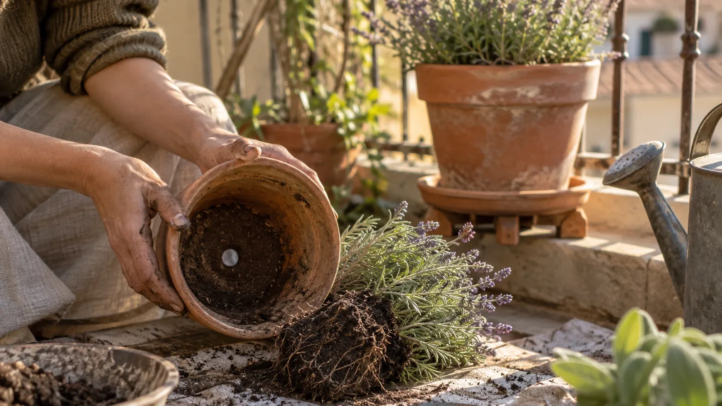 Hands repot a lavender plant, showing an open drainage hole and one continuous soil layer instead of gravel.