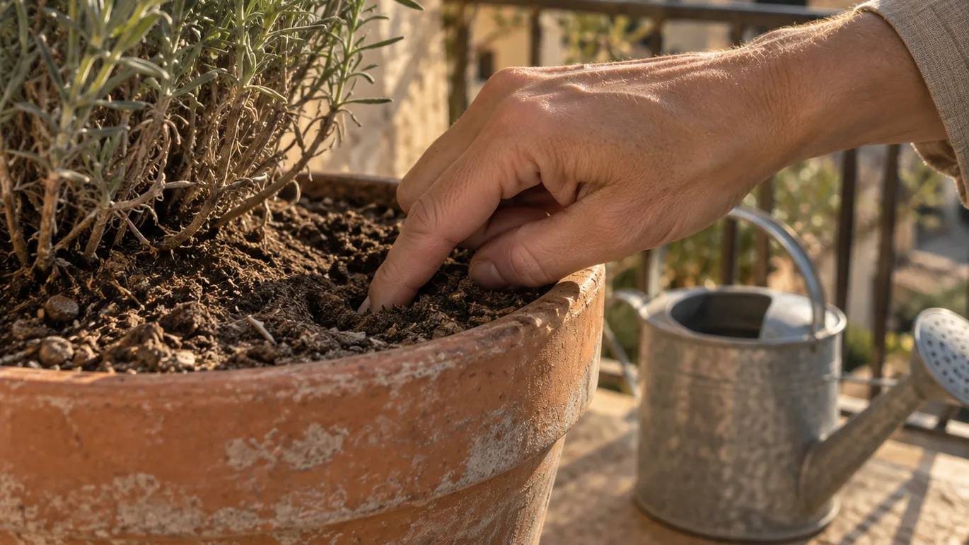 A hand tests dry soil in a terracotta pot before watering mature lavender.