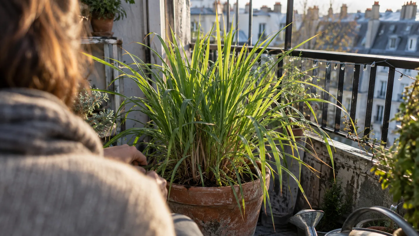 A spreading lemongrass plant grows in a roomy terracotta pot on a small city balcony.