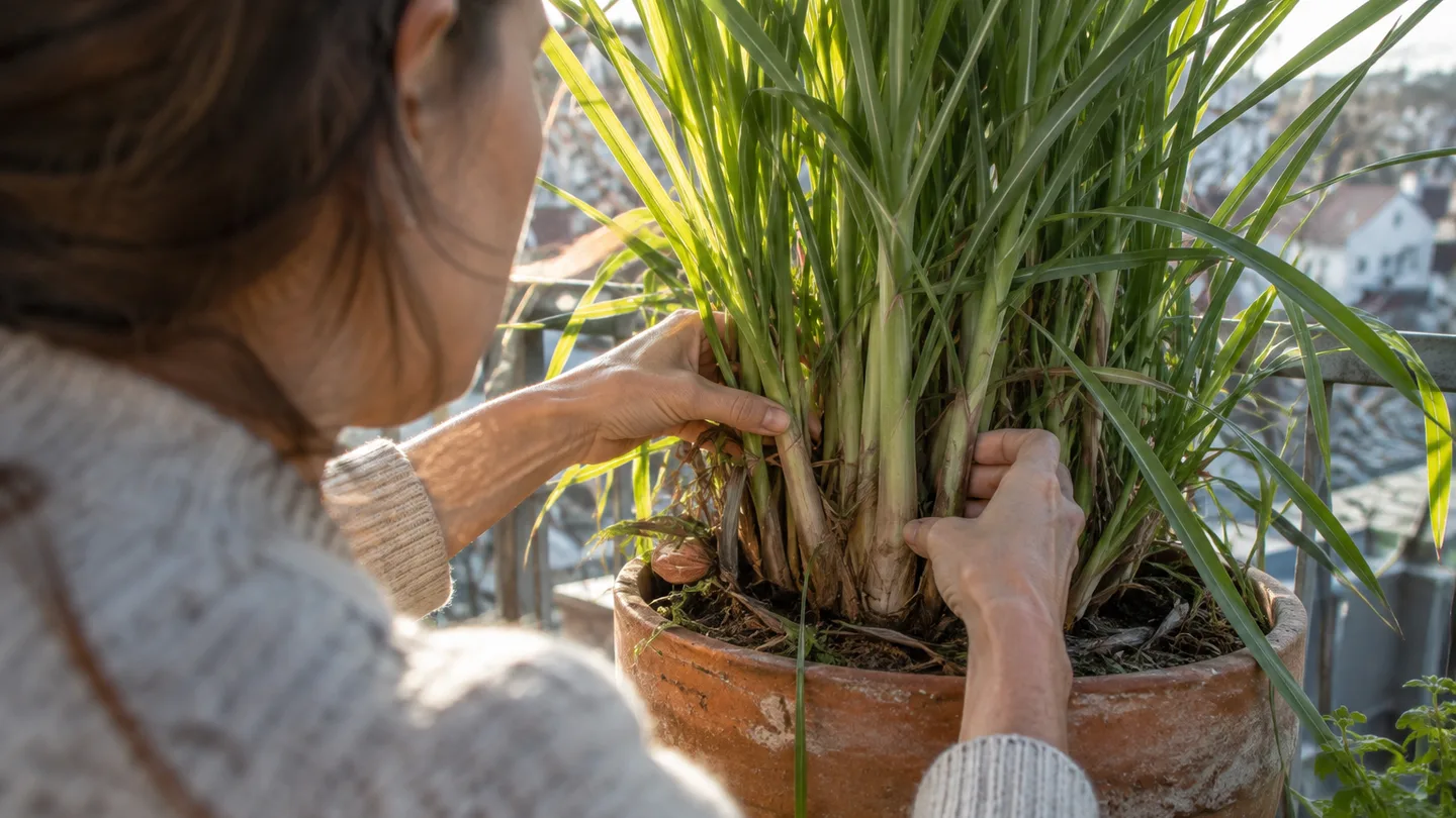 A gardener parts lemongrass leaves to inspect the thick stalk bases before harvesting.